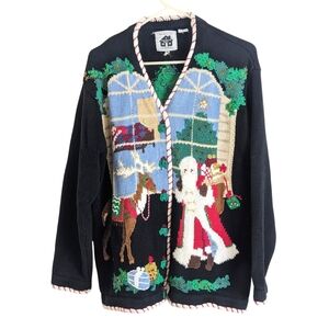 Santa's In Town Vintage Handknitted Storybooks Christmas Eve Cardigan Women's 1X